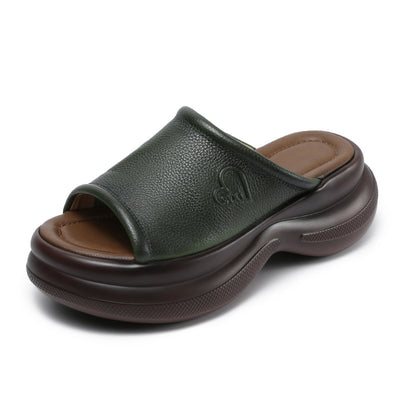 Babakud Summer Retro Leather Peep Toe Chunky Sole Sandals Slippers