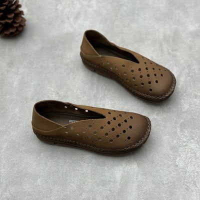 Women Retro Perforated Handmade Genuine Leather Slip-Ons Shoes