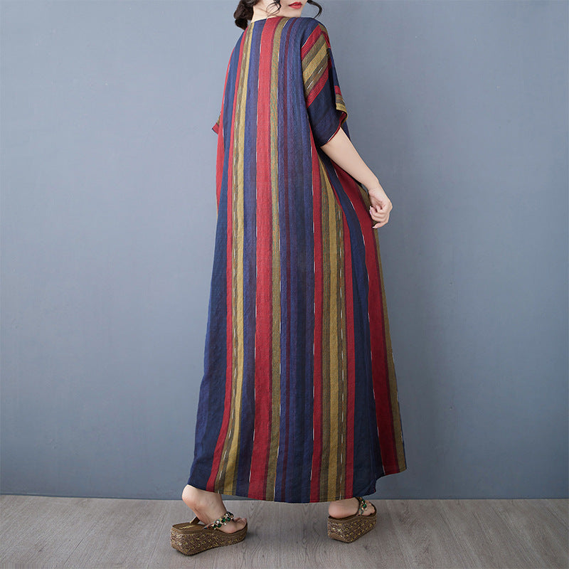 Women Spring Vintage Cotton-Linen Striped Loose Long Dress