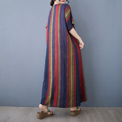 Women Spring Vintage Cotton-Linen Striped Loose Long Dress