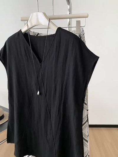 Women Casual Linen Patchwork V-Neck Sleeveless Tops