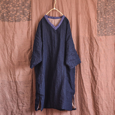 Women Vintage Color Block V-Neck Mid-Length Cotton Linen Coat