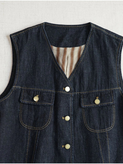 Retro Denim V-Neck Patchowk Single Breasted Pocket Vest
