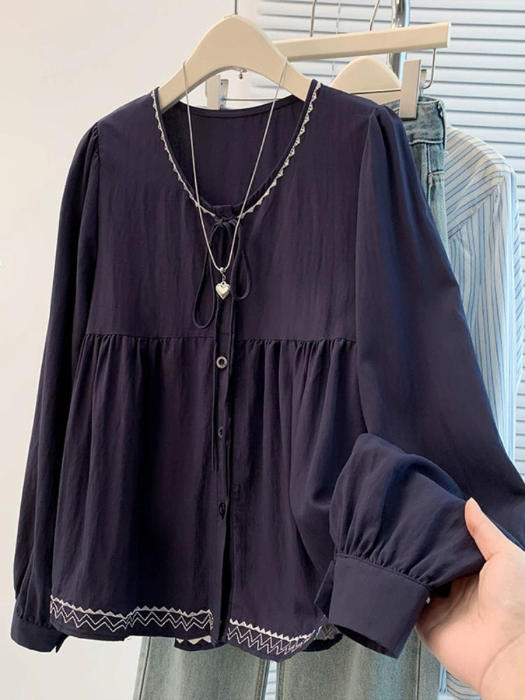 Cotton Linen Round Neck Cute Embroidered Lace-Up Shirt