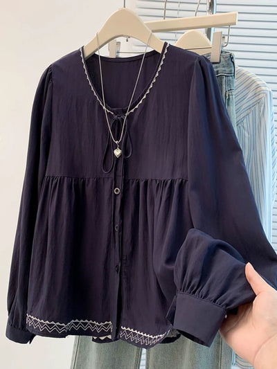 Cotton Linen Round Neck Cute Embroidered Lace-Up Shirt