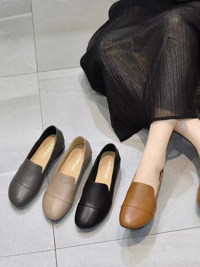 Women Retro Leather Casual Round Toe Chunky Soft Sole Shoes