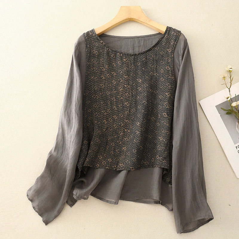 Women Spring Vintage Ramie Printed Long Sleeve Shirt