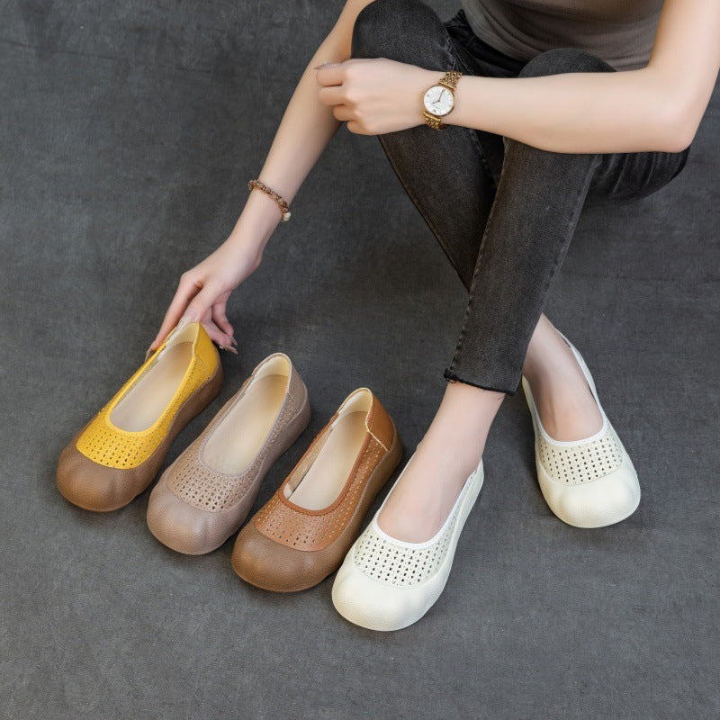 Summer Retro Leather Soft Flat Sole Hollow No Slip Shoes
