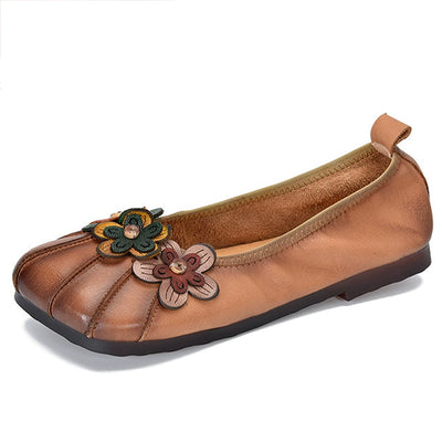 Babakud Women Spring Retro Blossom Handmade Leather Casual Shoes