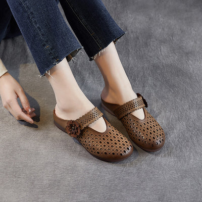 Babakud Retro Leather Hollow Soft Sole Flower Velcro Flats