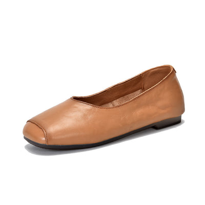 Women Retro Comfortable Square Toe Cowhide Flat Shoes Loafers