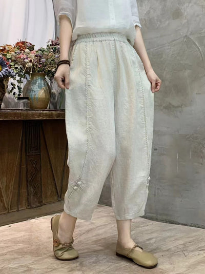 Babakud Summer Retro Linen Elastic Waist Harem Pants