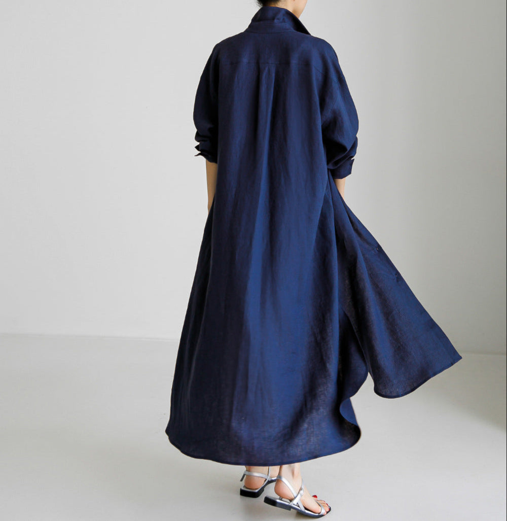 Women Spring Loose Mid-Length Slit Cotton Linen Shirt Dress