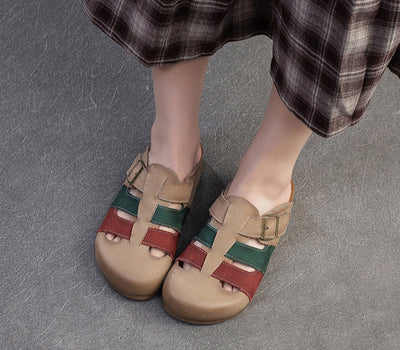 Women Casual Buckled Colorful Straps Retro Leather Slippers