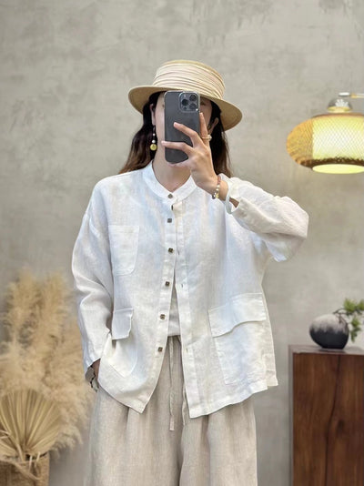 Babakud Autumn Retro Linen Washed Versatile Stand Collar Shirt