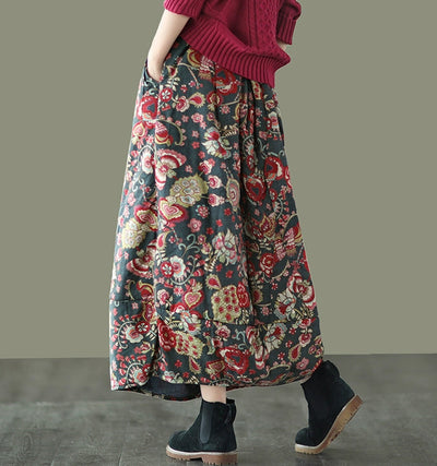 Winter Retro Ethnic Style Printed Padded Thickened Warm Midi Skirt