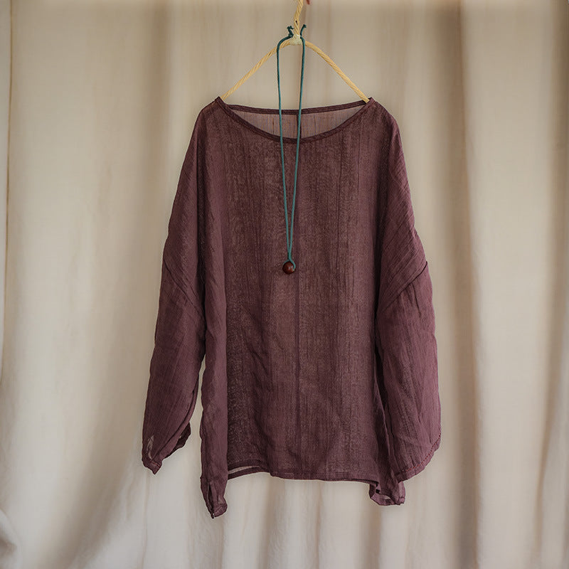 Women Retro Crinkled Long Sleeves Lightweight Ramie Blouse