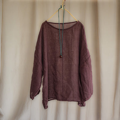 Women Retro Crinkled Long Sleeves Lightweight Ramie Blouse