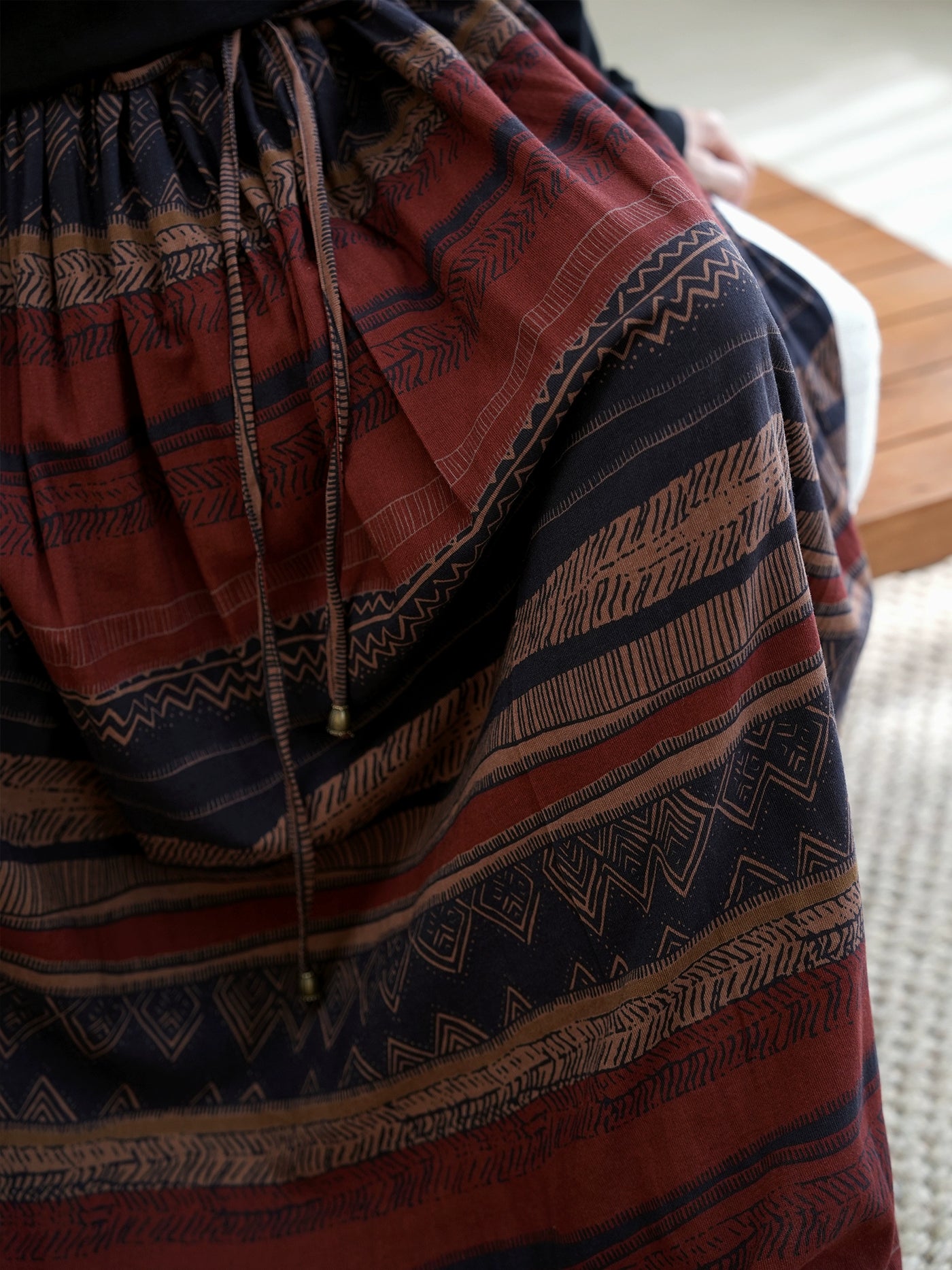 Women Summer Linen Printed Striped Elastic Waist Lace-Up Skirt