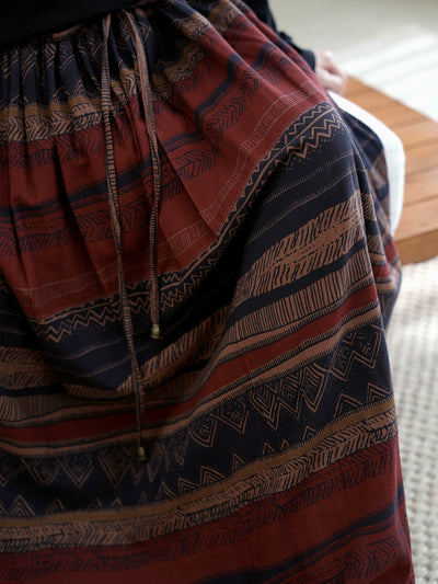 Women Summer Linen Printed Striped Elastic Waist Lace-Up Skirt