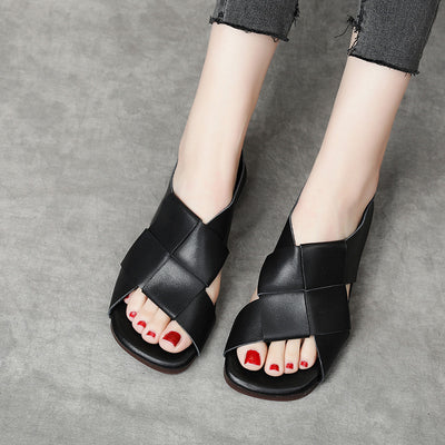 Women Retro Leather Casual Patchwork Open Toe Flat Sole Sandals
