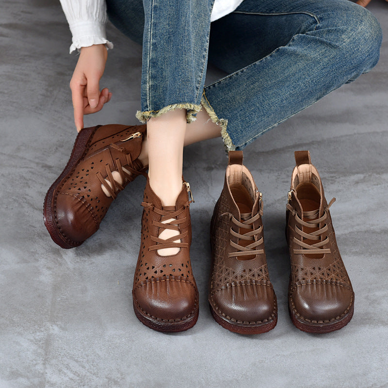 Babakud Women Spring Retro Handmade Hollow Leather Boots