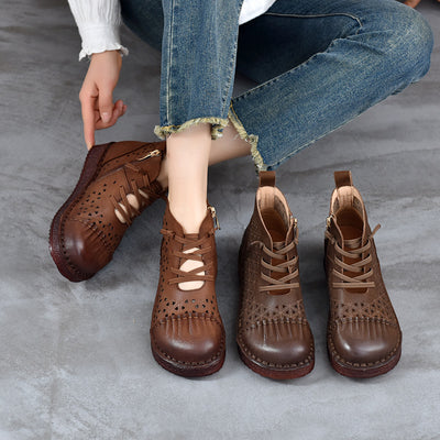 Babakud Women Spring Retro Handmade Hollow Leather Boots