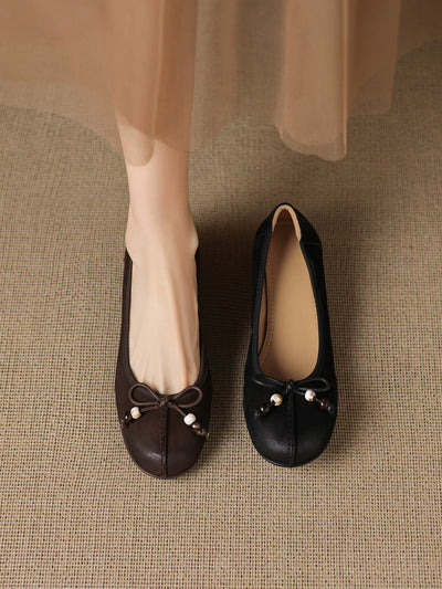 Elegant Sheepskin Leather Round Toe Shallow Bow Shoes