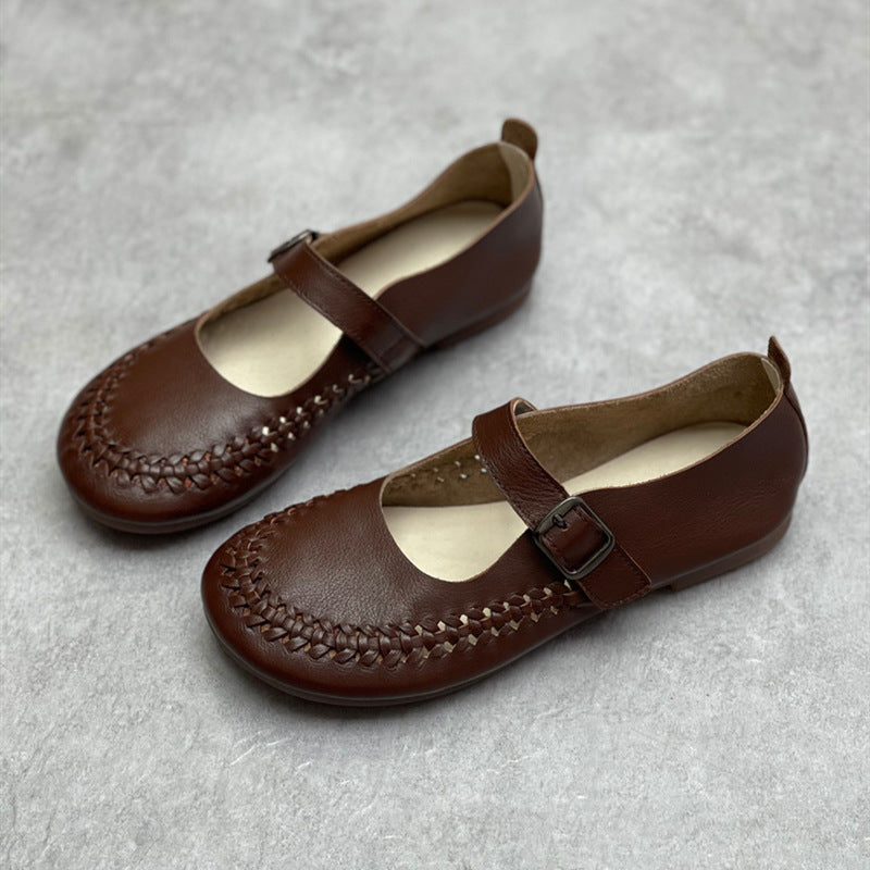Women Casual Woven Breathable Soft Round Toe Flat Leather Sandals