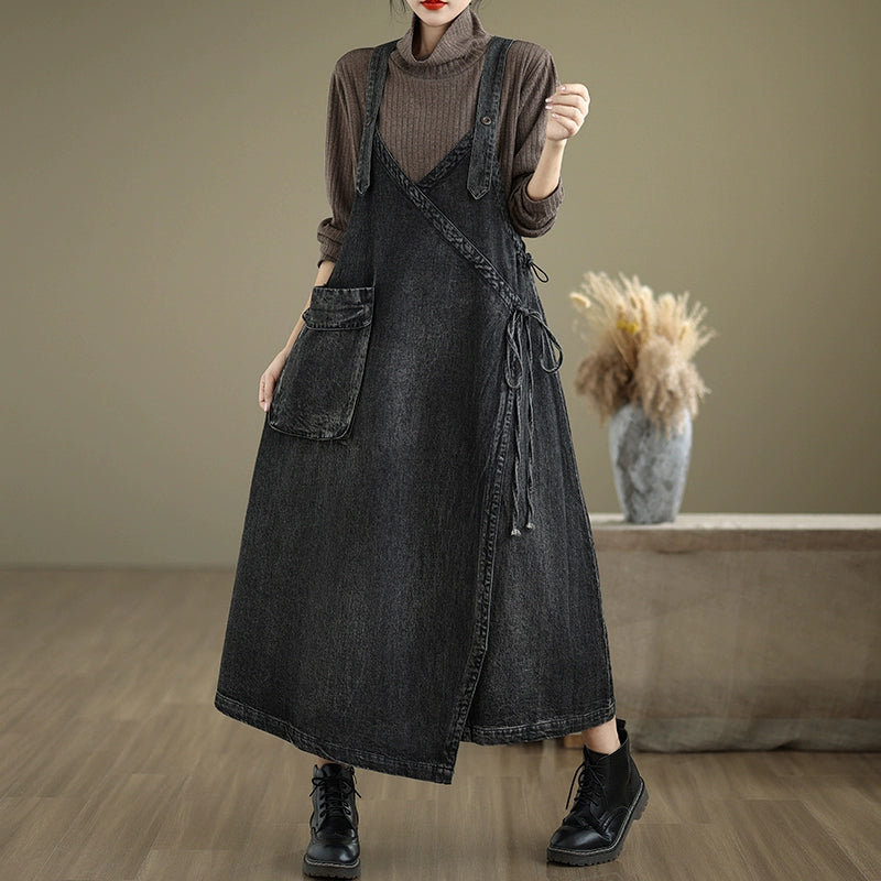 Women Spring Retro Loose Denim Pinafore Dress with Big Pockets – Babakud