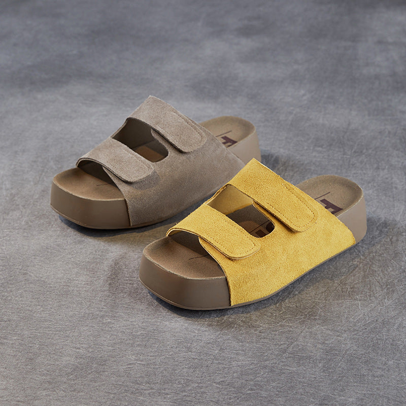Genuine Leather Chunky Soft Sole Velcro Straps Everyday Slippers
