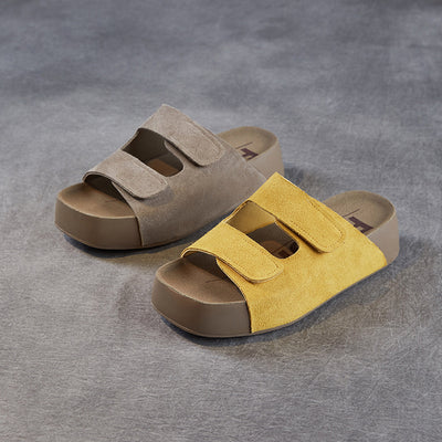 Genuine Leather Chunky Soft Sole Velcro Straps Everyday Slippers
