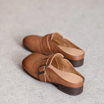 Minimalist Elegant Genuine Leather Low Heel Slippers for Women