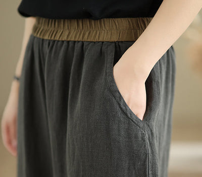 Women Casual Contrast Trim Workwear Cotton Linen Cropped Pants