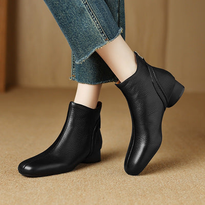 Retro Autumn Sheepskin Leather Chunky Zipper Ankle Boots