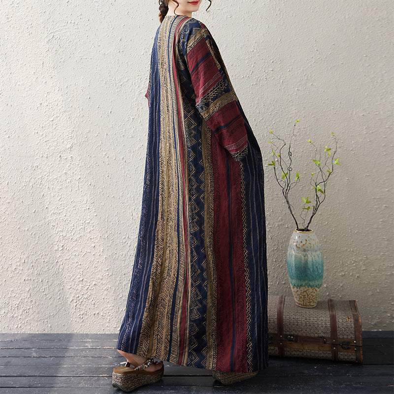 Retro Linen Cotton V-Neck Striped Loose Plus Size Dress