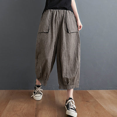 Large Pockets Plaid Elastic Waist Casual Cotton Linen Pants
