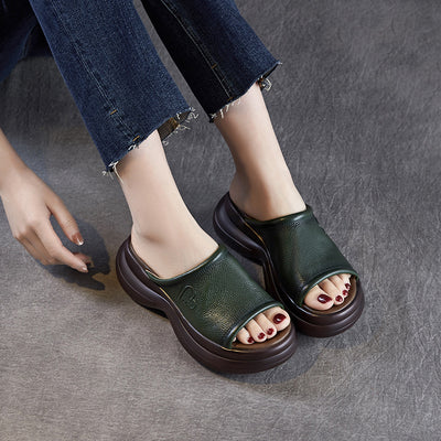 Babakud Summer Retro Leather Peep Toe Chunky Sole Sandals Slippers