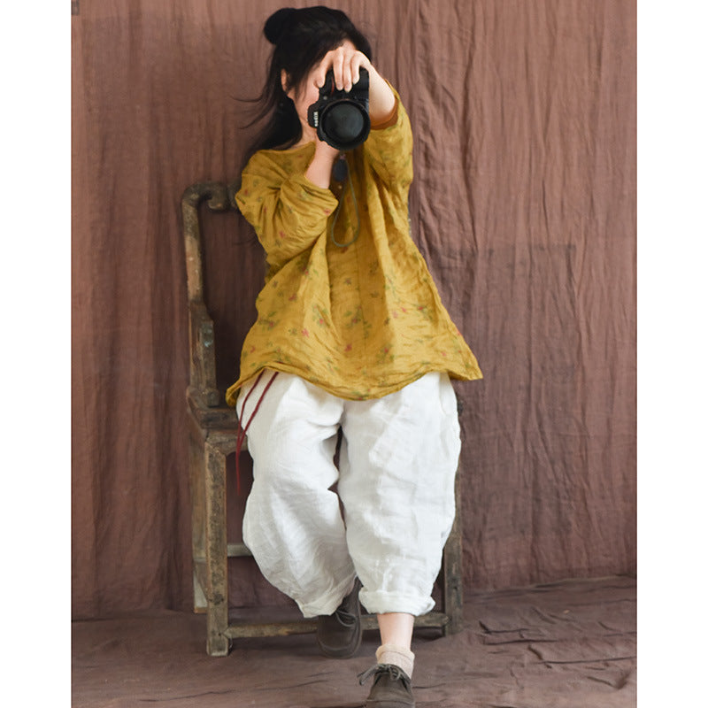 Autumn Retro Ramie Printed Loose Plus Size Shirt