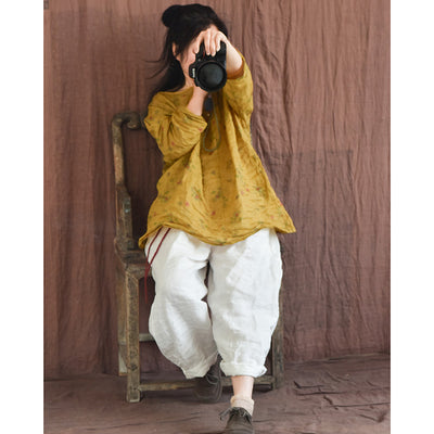 Autumn Retro Ramie Printed Loose Plus Size Shirt