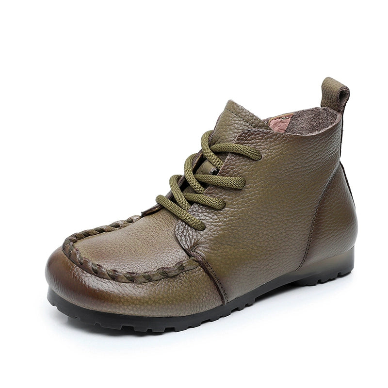 Women Retro Leather Lace-Up Side Zipper Stitching Ankle Boots