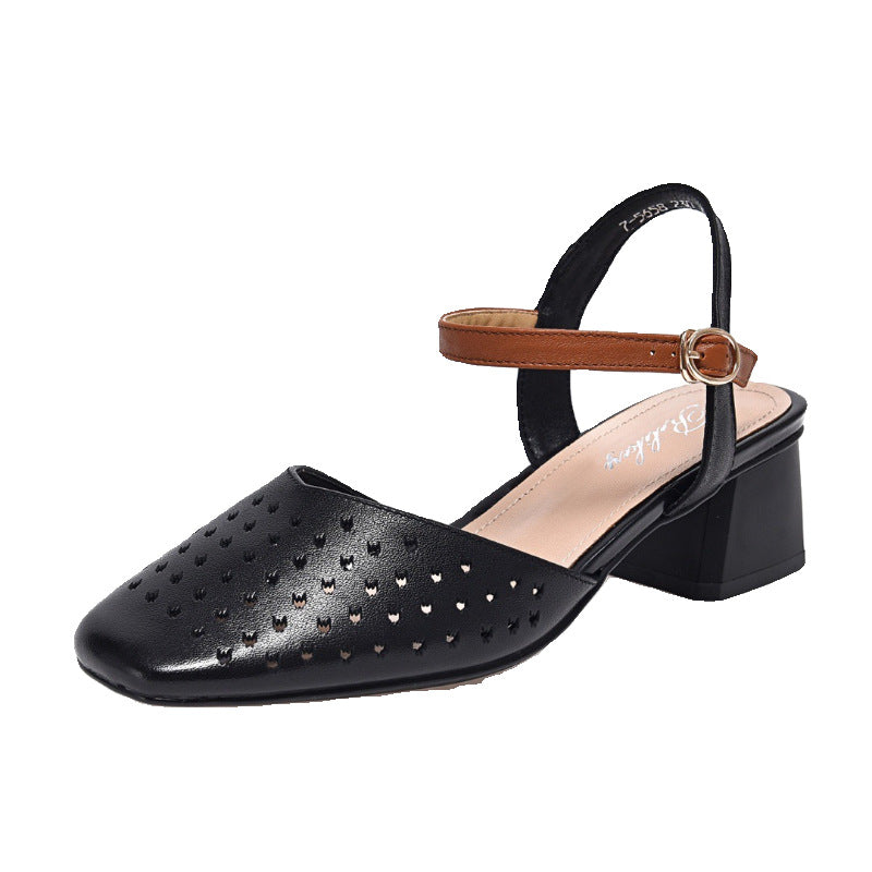 Retro Top Leather Hollow One Straped Chunky Sandals