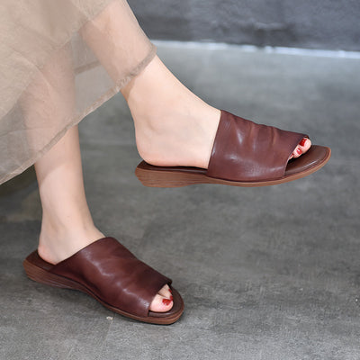 Women Summer Leather Casual Soft Flat Sole Open Toe Slippers
