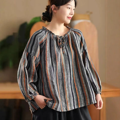 Women Loose Comfy Retro Ruffled Lace-Up Linen Shirt