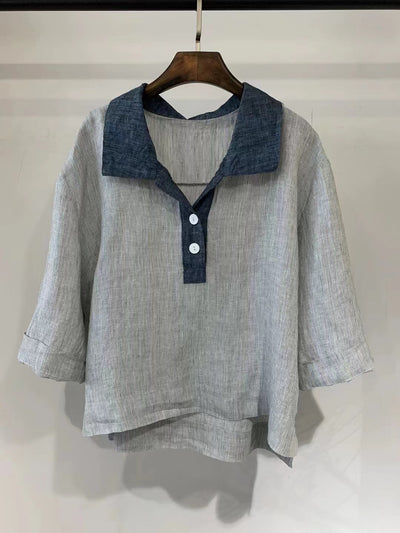 Women's Retro Loose Plaid Contrast Color Linen Polo Shirt