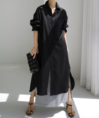Women Spring Loose Mid-Length Slit Cotton Linen Shirt Dress