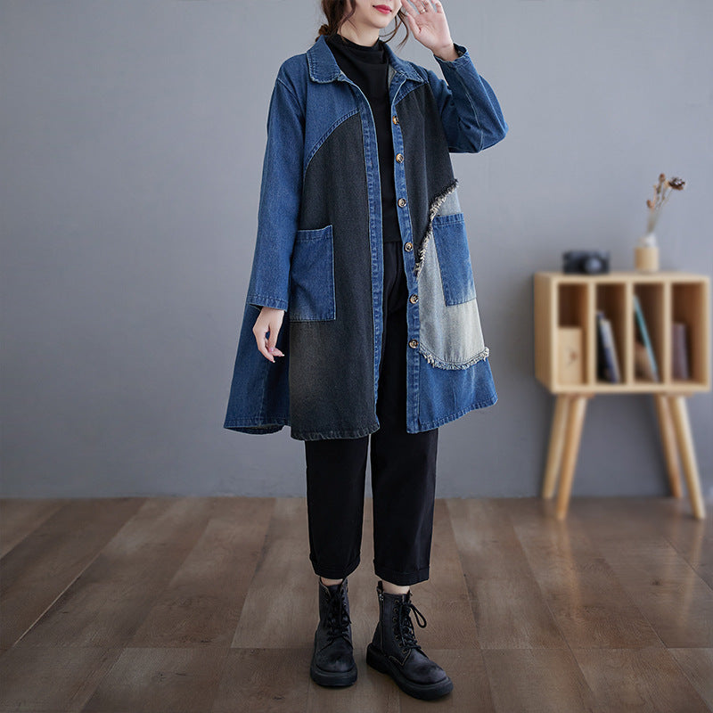 Women Autumn Retro Denim Patchwork A-Line Coat