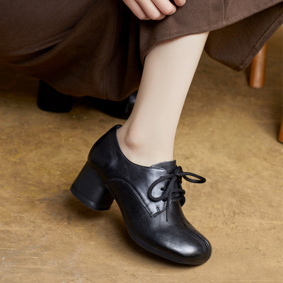 Women's Lace-Up Retro Handmade Genuine Leather Chunky Heels