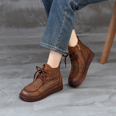 Babakud Women Spring Retro Hollow Leather Lace- Up Sandals Boots
