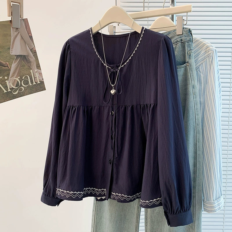 Cotton Linen Round Neck Cute Embroidered Lace-Up Shirt